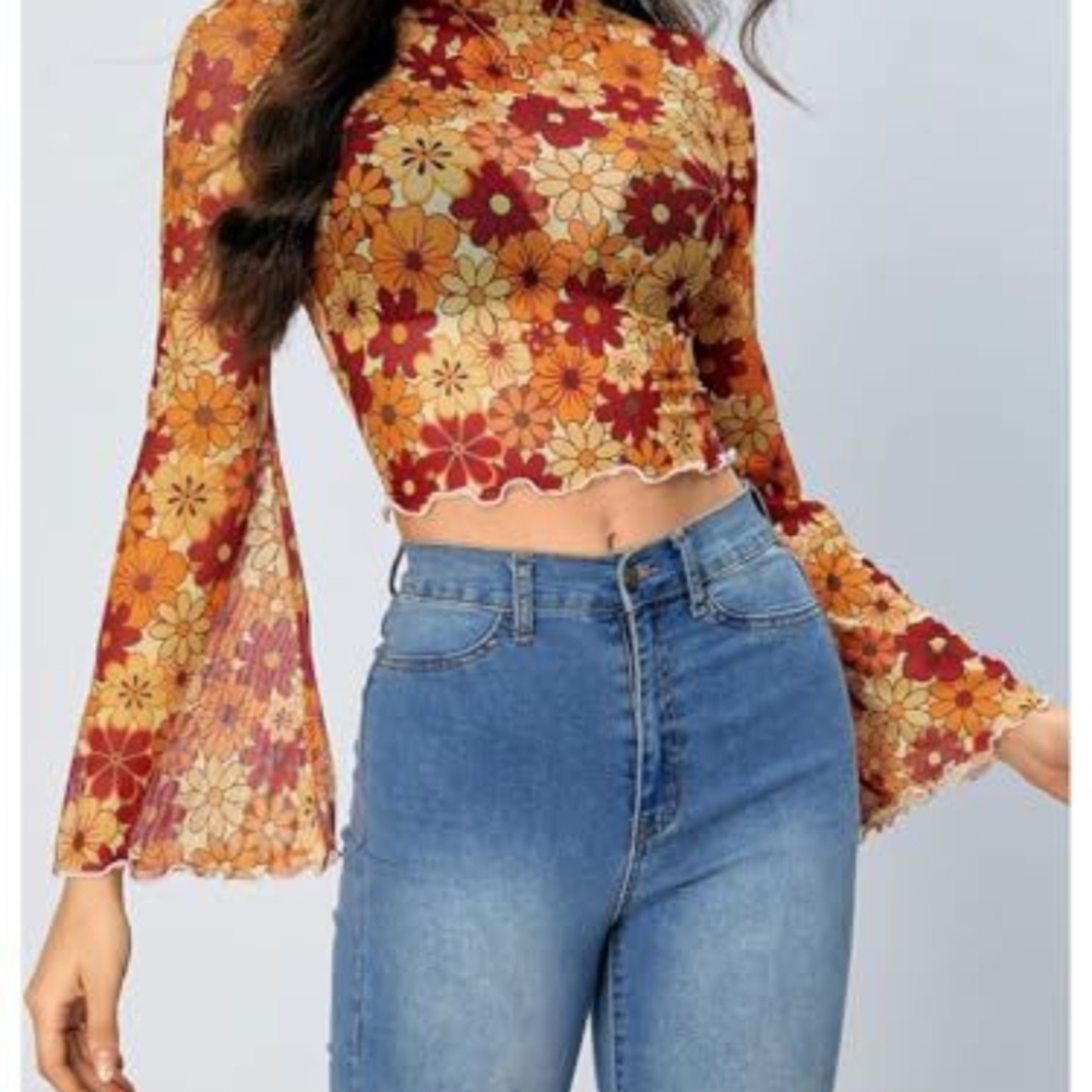 Floral Bell Sleeve Crop Top - Orange and Red - Picture 3 of 3